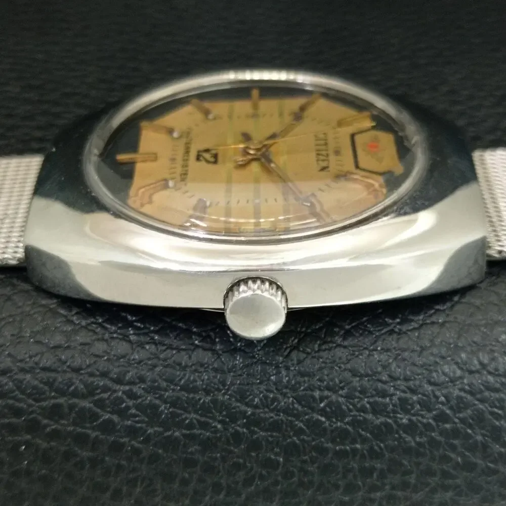 Vintage 1980 Citizen Manual Wound Mens Silver Watch W/Date & Gold accents